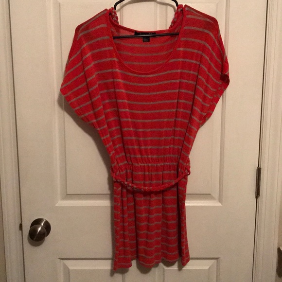 Peach & grey striped sweater with tie waste - Picture 1 of 3